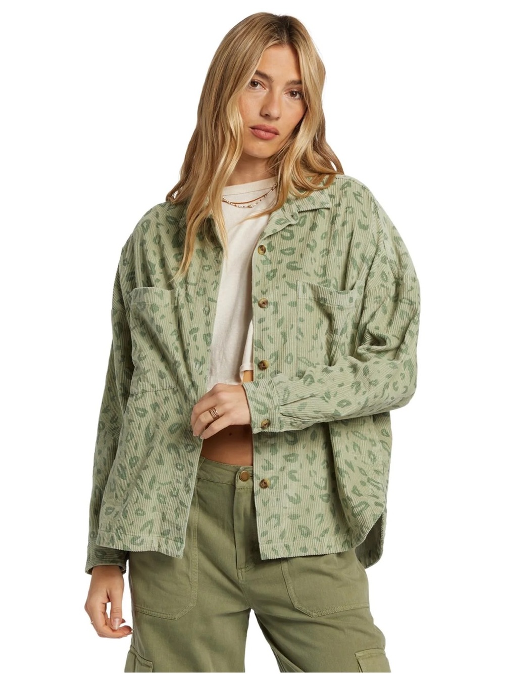 Billabong Green Leopard Print Corduroy Overshirt Jacket Medium Cotton Oversized